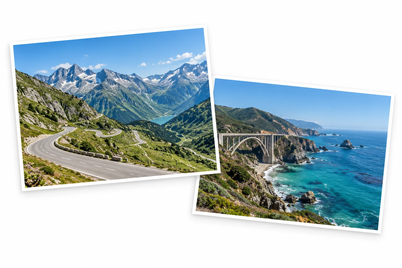 Overlapping landscape cards with a mountain road and a coastal destination.